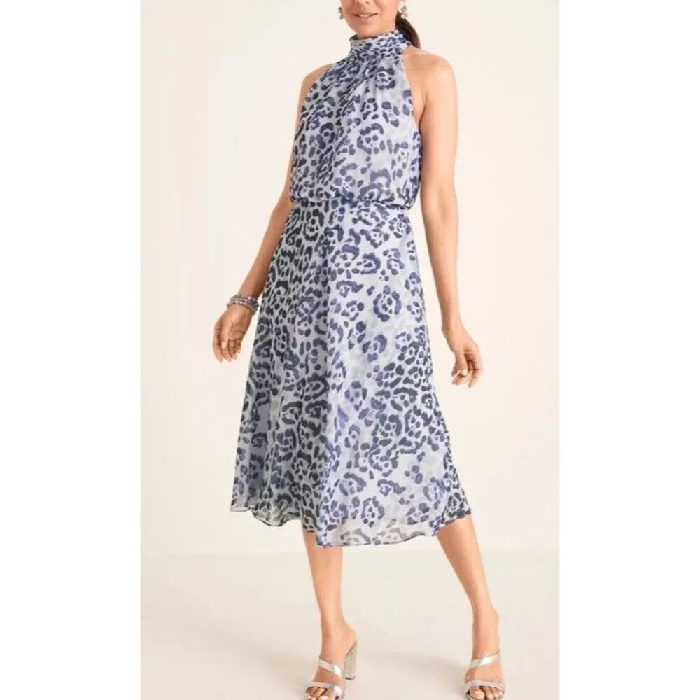 Adrianna Papell Purple Animal Print Midi Halter Tie Dress Womes 14 Wedding Party